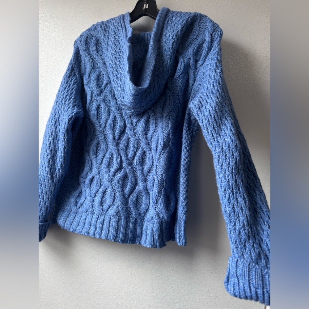 Aran Women’s Wool Cable Knit Hoodie Light Blue Cable-Knit Zip Sweater - Picture 7 of 15